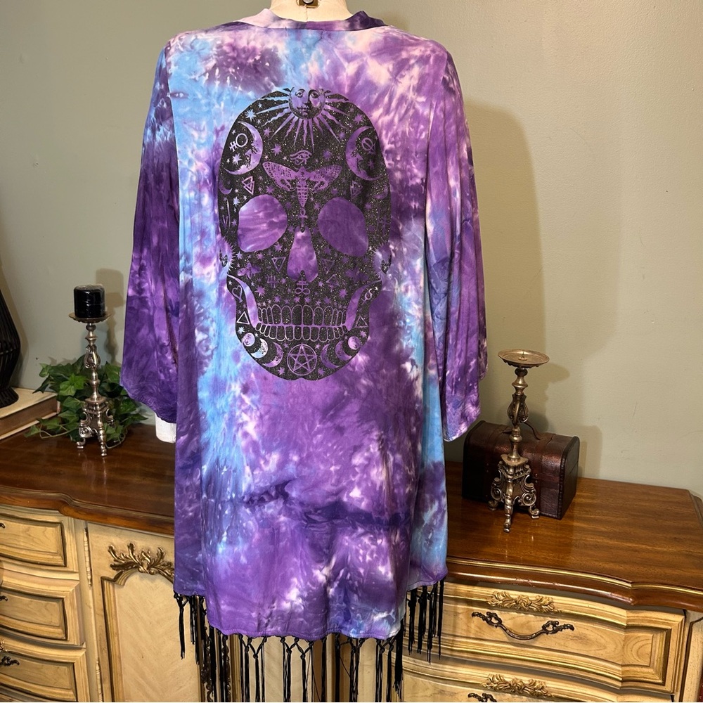 Hot Topic Blue Purple Tie Dye Black Fringe Skull Celestial Cover up Robe Duster